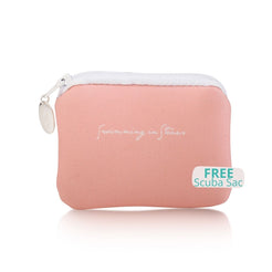 Pink pouch with white zipper and text on a white background