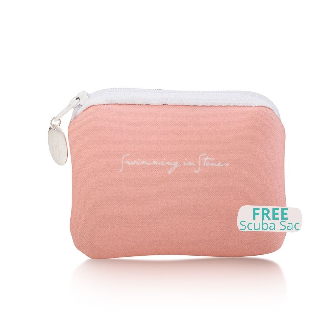 Pink pouch with white zipper and text on a white background