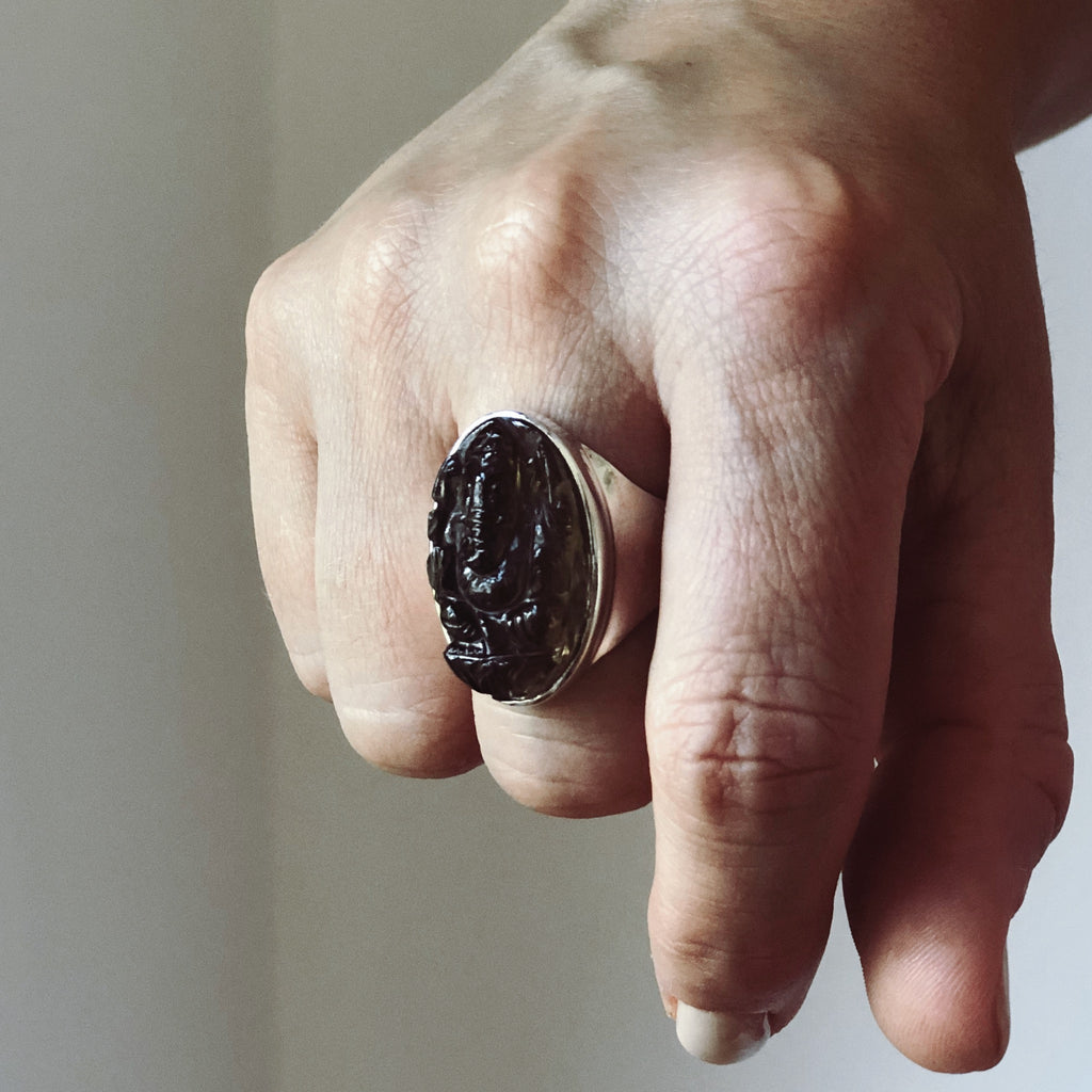 Ganesha Ring. Smokey Quartz. Silver