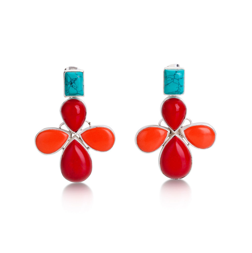 Lotus Earrings. Coral & Turquoise. Silver