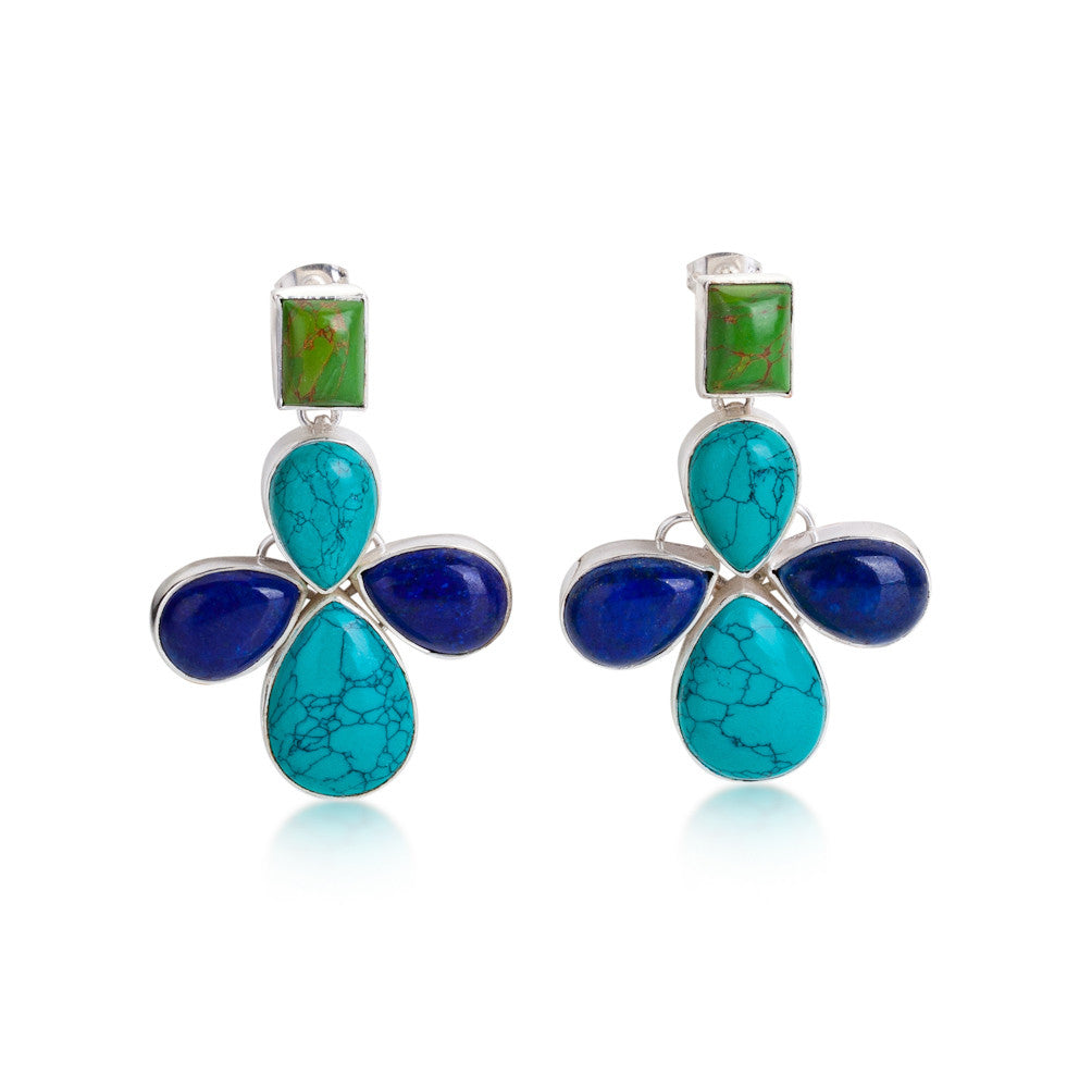Lotus Earrings. Turquoise & Lapis Lazuli. Silver