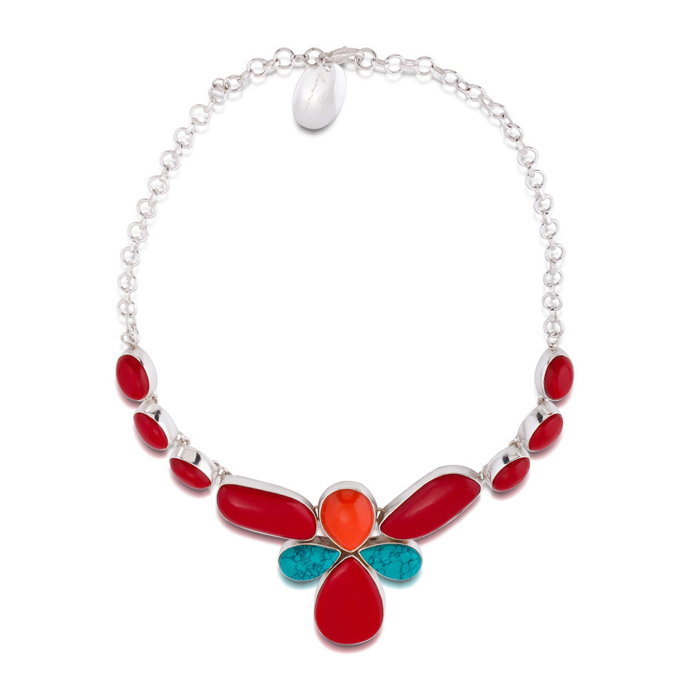 Lotus Necklace. Coral & Turqoise. Silver