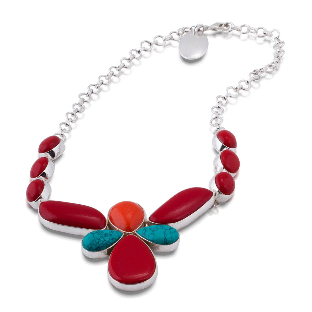 Lotus Necklace. Coral & Turqoise. Silver