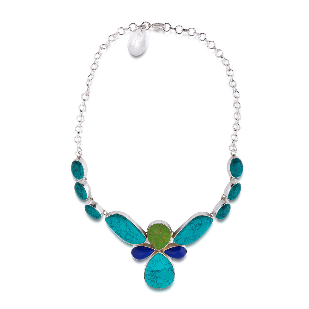 Lotus Necklace. Turquoise & Lapis Lazuli. Silver