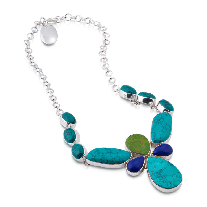 Lotus Necklace. Turquoise & Lapis Lazuli. Silver